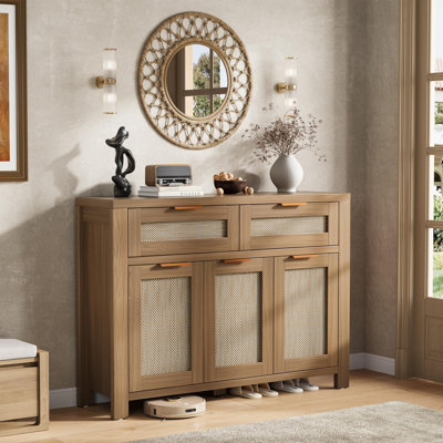 Rattan Buffet Cabinet with 2 Drawers & Adjustable Shelf, Boho High-Leg Sideboard Storage Cabinet with Anti-Tip Hardware for Kitchen, Dining Room, Entryway & Living Room