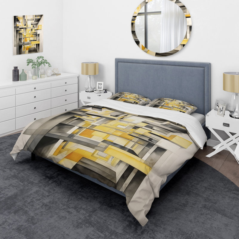 Ensemble de housse de couette en microfibre / polyester jaune et gris Intersecting Realities II Bedding