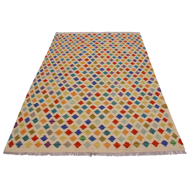 Tapis ivoire / bleu / jaune en laine fabriqué à la main de conception unique 5 pi 3 po x 7 pi 7 po Lowella