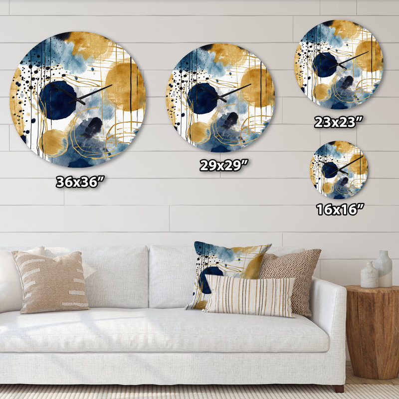 Horloge murale V à motif abstrait avec textures bleues et dorées, Petit