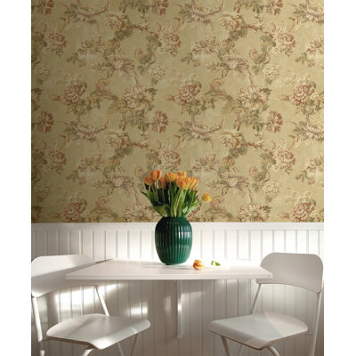 Seabrook Designs Metallic Khaki & Maroon Marta Floral Trail Unpasted Wallpaper