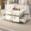 Table basse moderne carrée texturée en marbre avec 4 tiroirs et base suspendue, blanc, 43,3 po