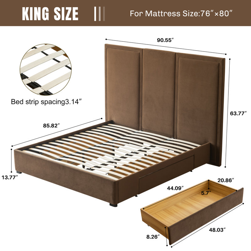 Morghen Upholstered Platform Bed With Extra High Headboard And 2 Extra Large Capacity Drawers, Brown, King
