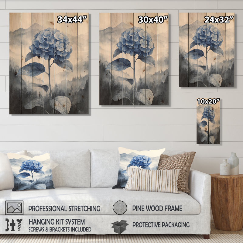 Hortensias bleus dans la brume rêvée I - décoration murale en bois d'hortensias - sur bois de pin naturel