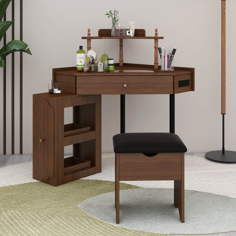 Commode élégante avec pieds en métal et armoire de rangement à miroir avec 6 tiroirs, Noyer