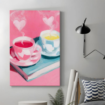 1pc Valentine's Day Framed Canvas Wall Art Prints Poster, Pink Coffee Cups on Book Art Posters Canvas Print Painting for Living Room Bedroom Office Ba