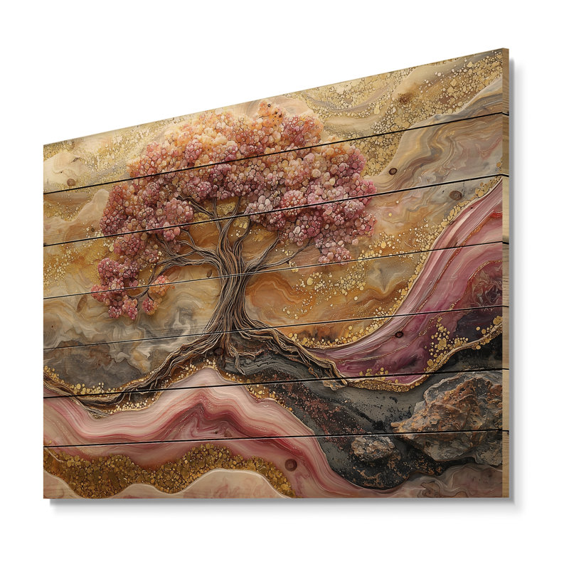 Arbre de vie en marbre rose doré infini III - impression sur bois arbre de vie - sur bois de pin naturel