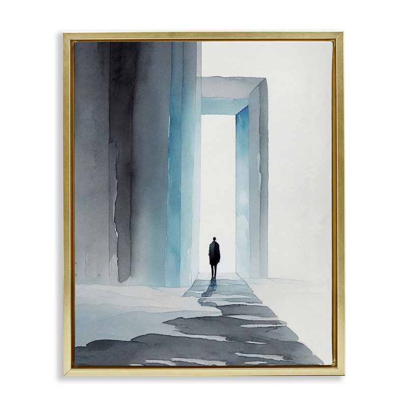 Art mural sur toile "Personne avec porte enneigée" par Incado, H 31 po x l 25 po, Cadre flottant métallique doré