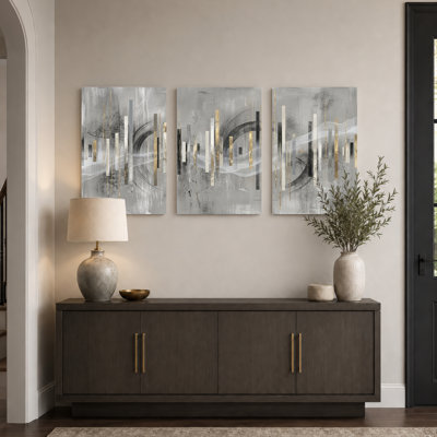 Ensemble de 3 toiles abstraites géométriques tendues sur châssis, idéales pour la décoration du salon, de la chambre et de la maison.