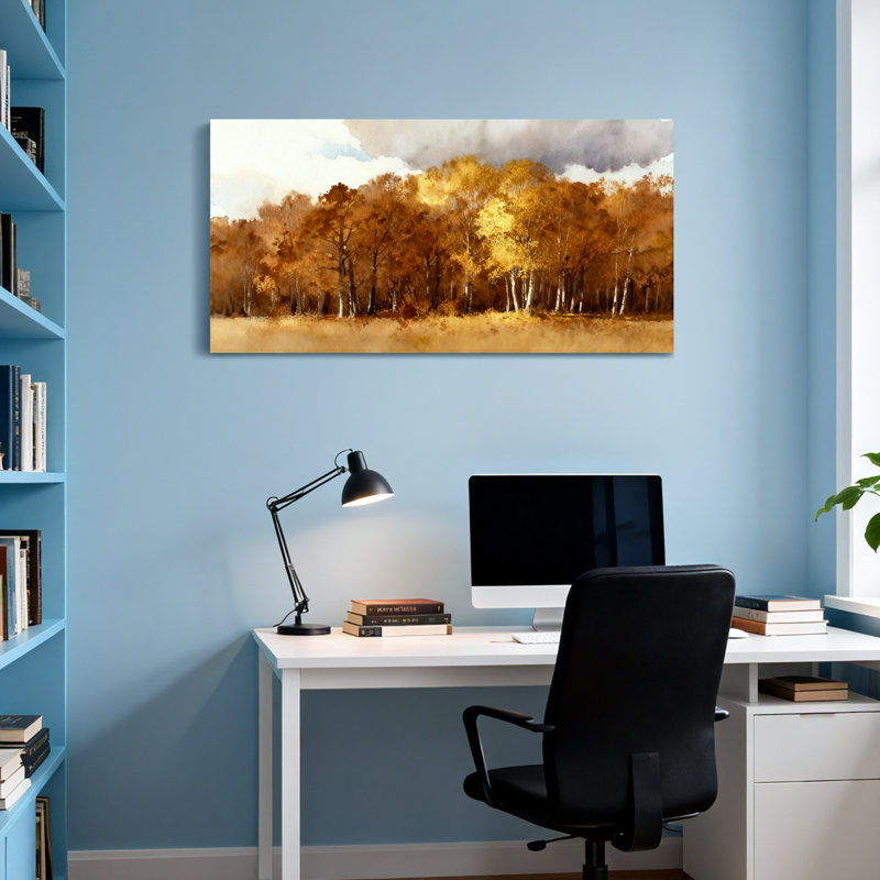 Plantes et fleurs, forêt d'automne, aquarelle, peinture sur toile, H 28 po x l 58 po