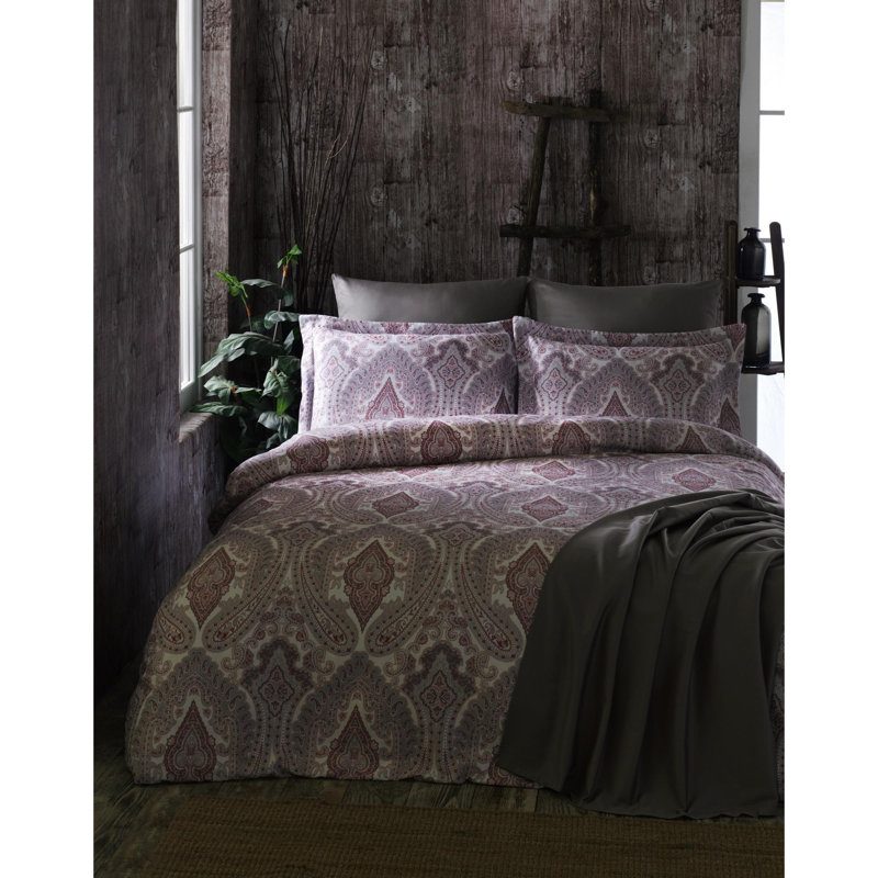 Ensemble de housse de courtepointe en satin, Géométrique mauve, Courtepointe simple XXL + 1 taie d'oreiller standa