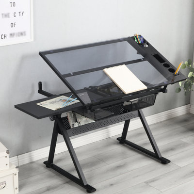 Table à dessin réglable en hauteur (0-75 cm) avec plateau en verre et structure en acier noir. Rangement pour matériel artistique, accessoires pour artistes créatifs et designers, idéal pour le bricolage et les loisirs créatifs.