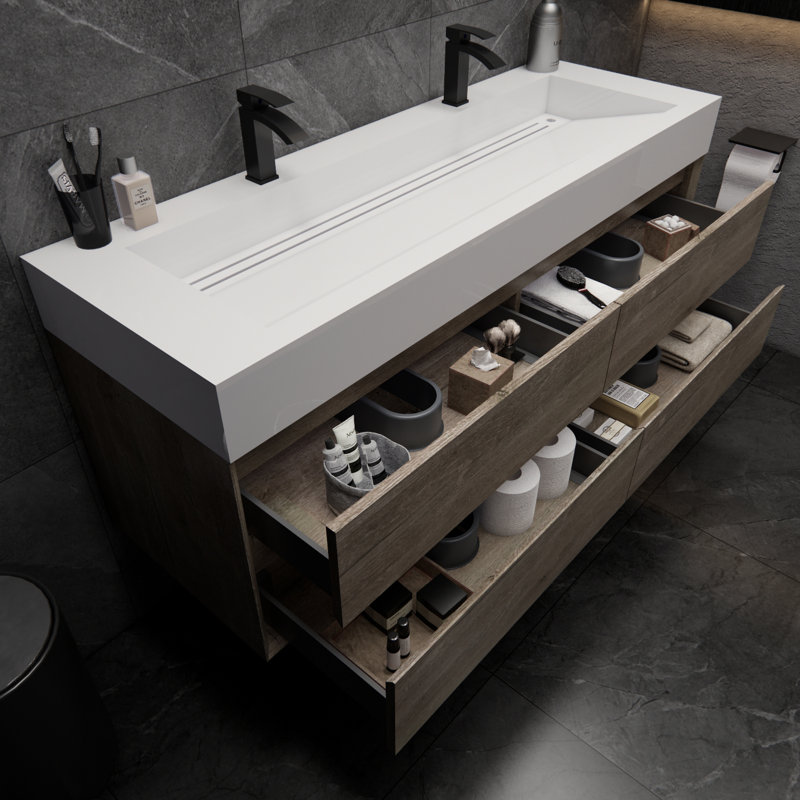 Albizu 59" Wall-Mounted Double Bathroom Vanity, Gray
