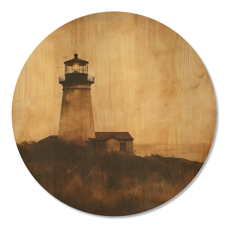 Phare du Crépuscule Doré IV - Décoration murale ronde en bois sur le thème de l'océan, Rond 36 po, Rond