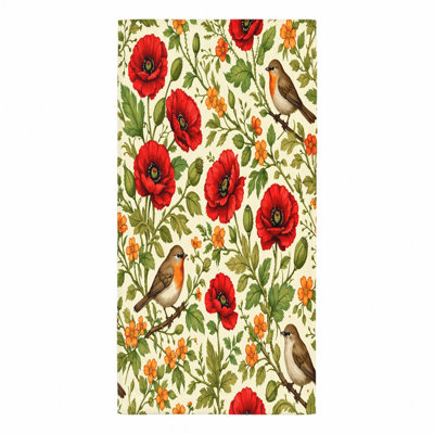 1Pcs Vintage Floral Bird Beach Towel, featuring a charming pattern of red poppies, green leaves, and small orange flowers with perched robins on cream background. This large microfiber is perfect for outings, swimming, travel, campi