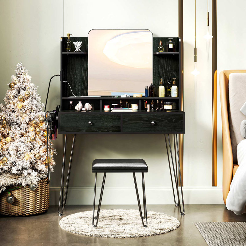 Dressing Table Makeup Vanity Table Set with Mirror, Power Outlets and Vanity Stool, Black