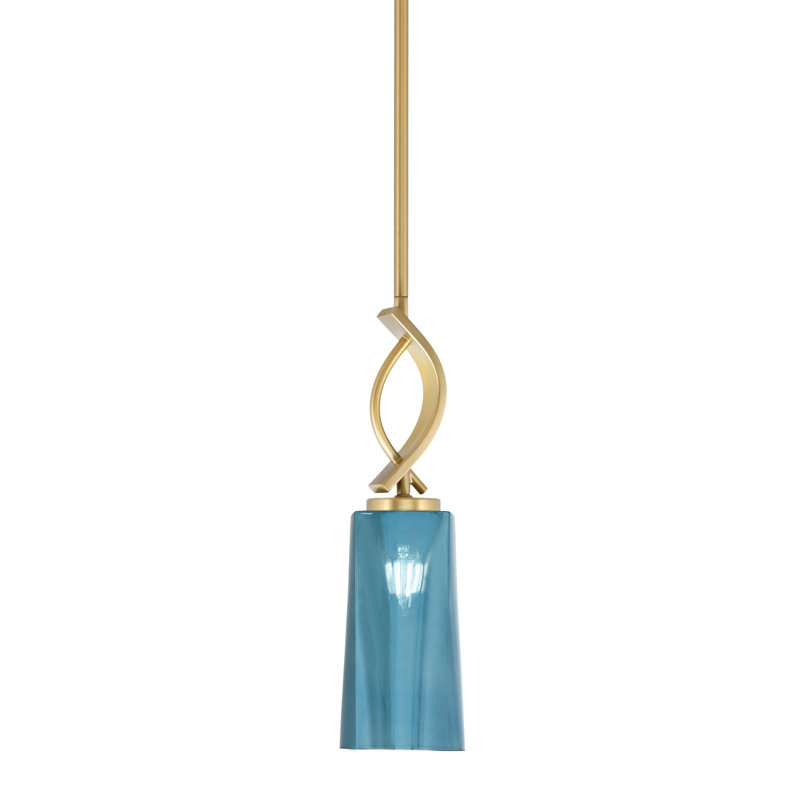 Suspension miniature Waldes Stem Hung, présentée en finition laiton New Age avec verre dégradé bleu de 12,7 cm (L) x 24,8 cm (H).
