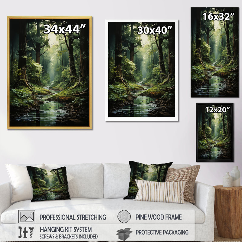 Rivière dans un bois enchanté I - forêt, art mural, H 32 po x l 24 po x P 1 po, Cadre doré simple
