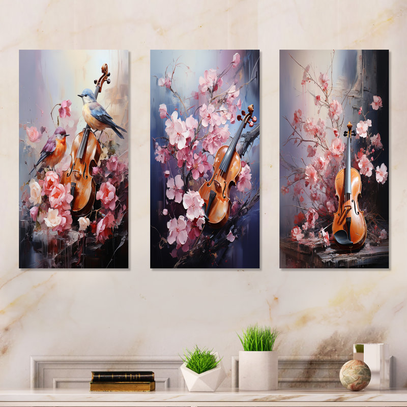 Violon et nuances harmoniques de la nature - ensemble d'art mural en métal 3 pièces, H 32 po x l 48 po