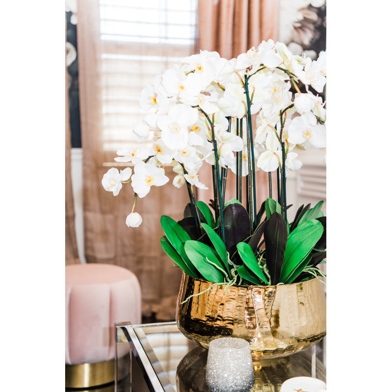 Roberi bowl with multiple stems of white Phalaenopsis orchids, 28" H x 18" W x 18" D, White