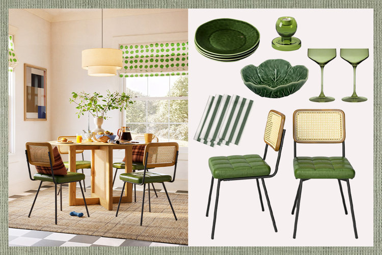 eclectic modern dining room on the left; collage of dill green dinnerware, table accents, and dining chairs on the right