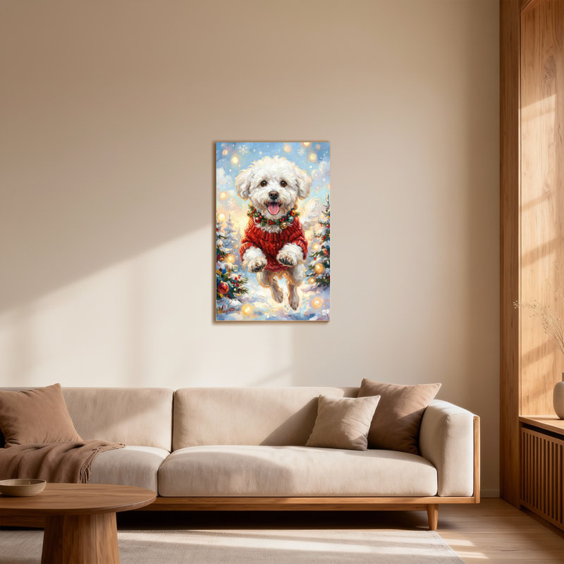 Animaux, chien de Noël en chandail rouge sautant, 18" H x 12" W