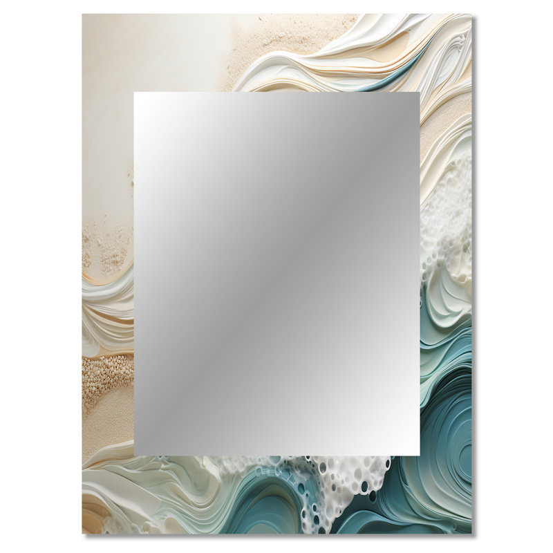 Bleu moderne et beige sable vue aérienne IV - miroir unique de sable de plage, grand miroir mural beige, impression d'art en métal