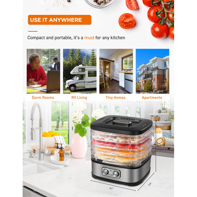 COMMERCIAL CHEF Food Dehydrator with 5 Adjustable Height Trays, Stainless Steel