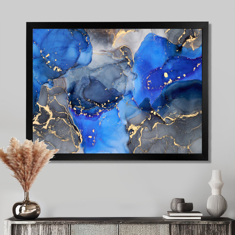 «Blue and Black Luxury Abstract Fluid Art I», reproduction d'art sur toile, H 12 po x l 20 po, Impression encadrée, Noir