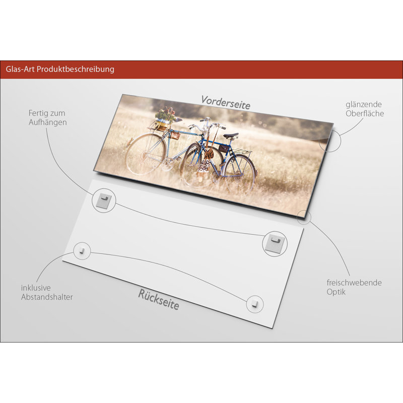 Retro Bicycle Painting Print Glass Art, 50 cm H x 125 cm W x 1.4cm D