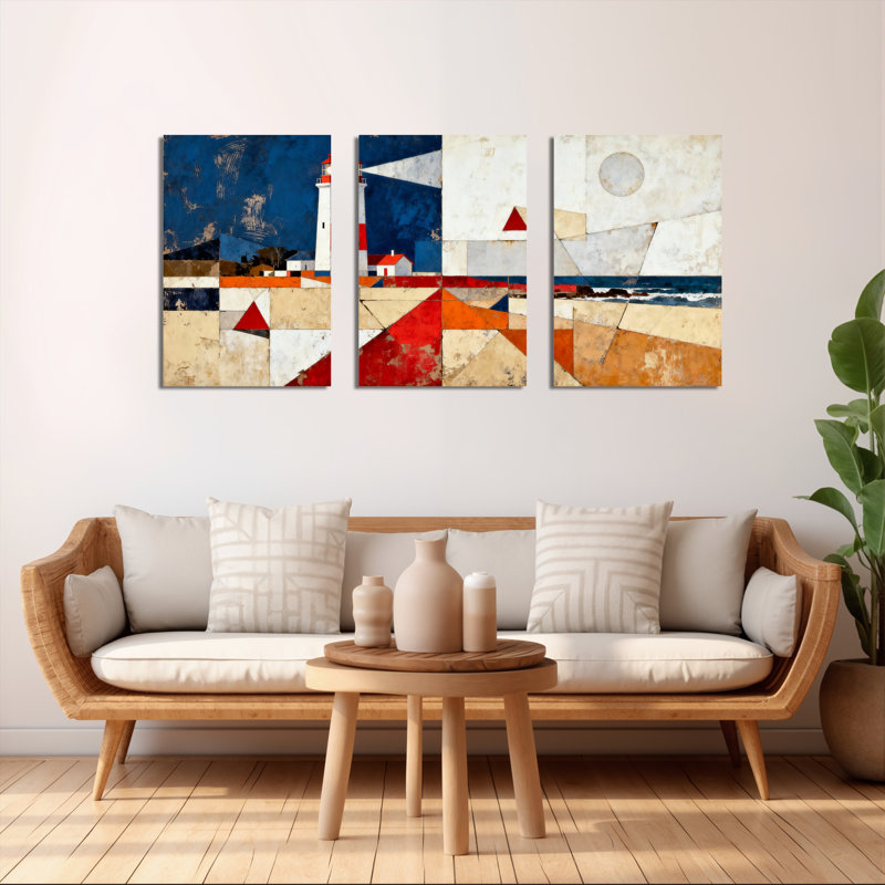 Abstrait phare et scène côtière, reproduction d'art sur toile tendue à la main (ensemble de 3), H 24 po x l 48 po