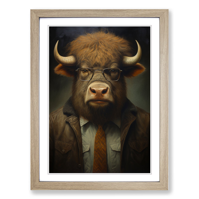 Bison With Glasses Painting - Single Picture Frame Print on Wood, 46cm H x 34cm W x 2cm D, Oak Framed