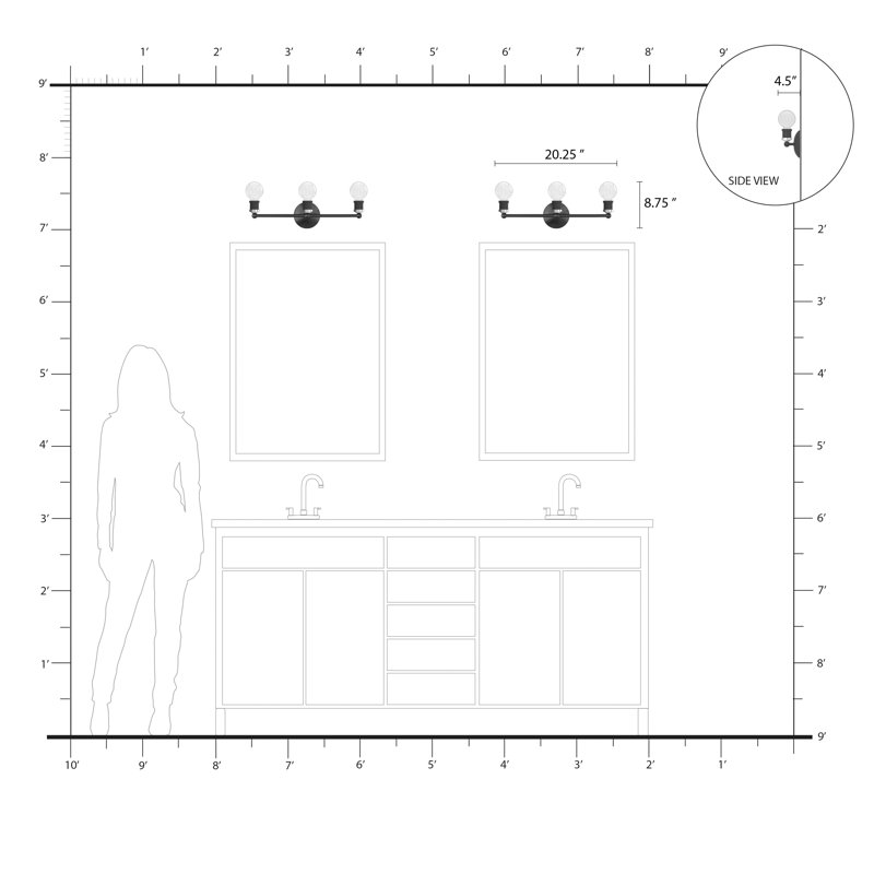 Éclairage de salle de bain à intensité variable 3 lumières Grogan, Noir / Nickel brossé