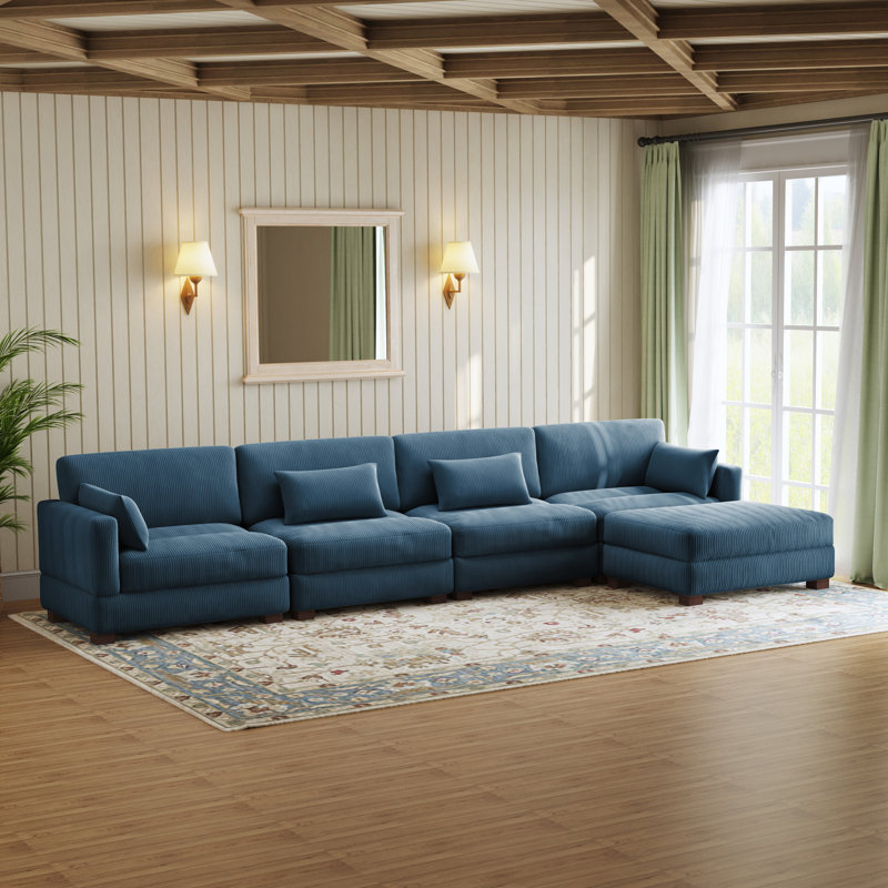 5 Seater Corduroy Corner Sofa , 78cm H x 410cm W x 173cm D, Navy Corduroy