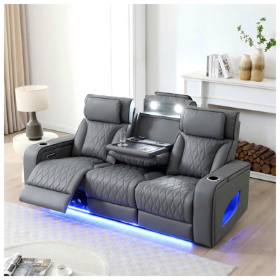 3-Seat Power Reclining Sofa with Drop-Down Console, LED Ambient Lighting, Wireless Charging & Adjustable Headrests - Gray Faux Leather