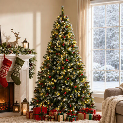 7.5 Ft Pre-Lit Artificial Christmas Tree with Frosted Pine Branches, Pinecones and Red Berry Accents, Flocked Holiday Tree with Metal Stand for Indoor Home Office Decoration