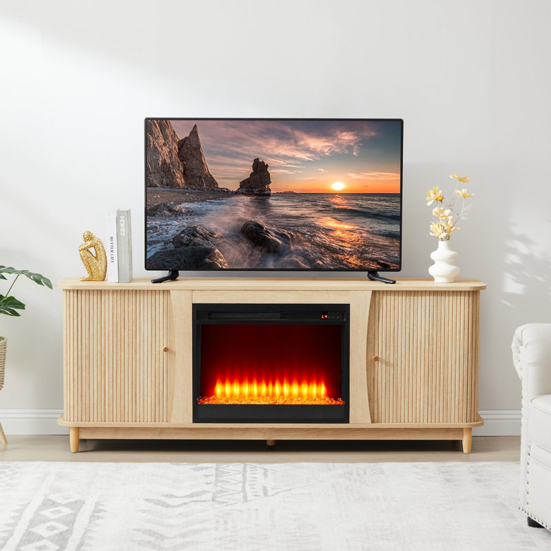 62.99" Media Console With Electric Fireplace, Natural, Yes