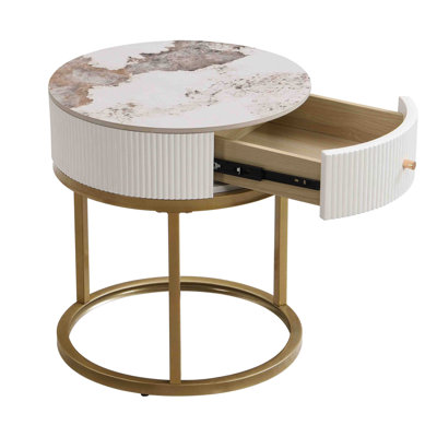 Modern Nightstand with Drawer, Marble Round End Table for Elegant Storage and Versatile Use in Living Room & Bedroom