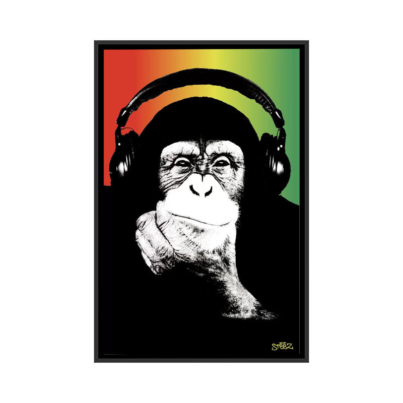 Monkey Headophone Rasta I par Steez - Impression sur toile, H 26 po x l 18 po x P 1,5 po, Toile encadrée noire