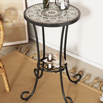 Brown+Black Patio Side Table. Ceramic Surface With Delicate Pattern. Curved Steel Frame. 14"X14"X22.11". Assembly Required Table Shelf. Tile & Iron. Floral Surface. Indoor And Outdoor.