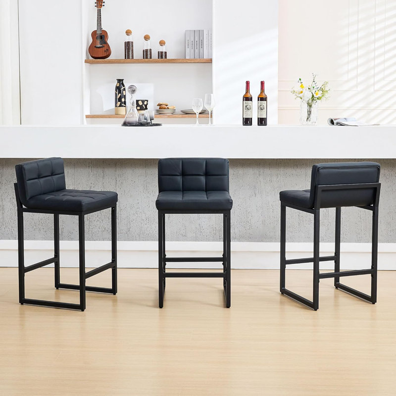 Tabouret de comptoir moderne à dossier bas avec structure en métal épaissie pour îlot de cuisine, Noir, 3