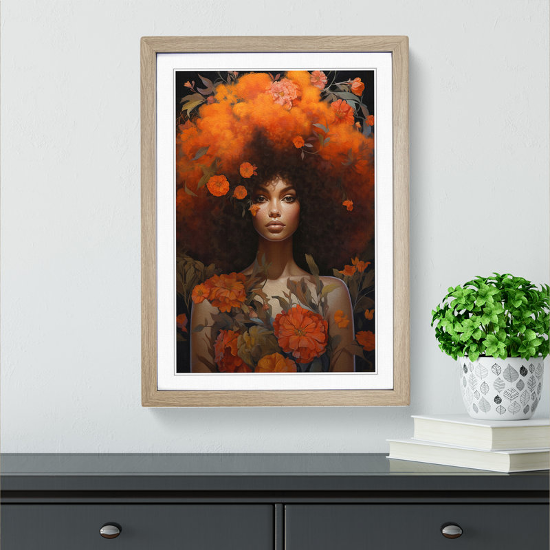 Woman With Curls Tachisme - Single Picture Frame Print on Wood, 46cm H x 34cm W x 2cm D, Oak