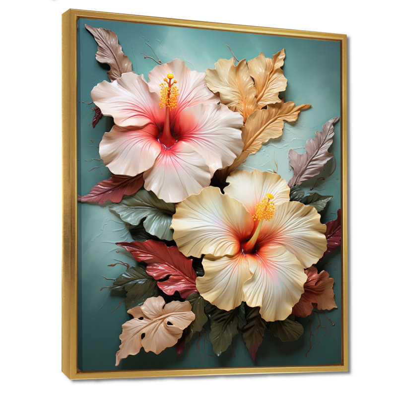 Rivero - art mural hibiscus, H 20 po x l 12 po, Cadre flottant doré, bois massif