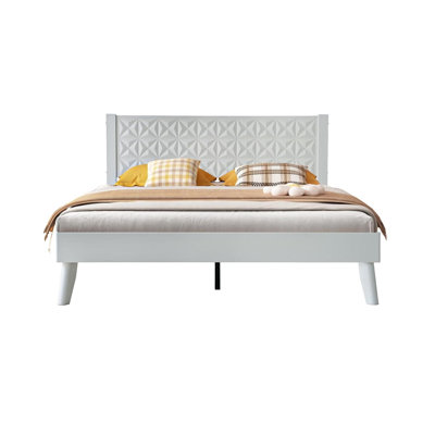 King Size Solid Wood Platform Bed Frame with Headboard & Footboard, 12 Strong Slatted Base, Central Metal Legs, Easy Assembly, Noise & Slip-Free, No Box Spring Needed, Pure White Finish