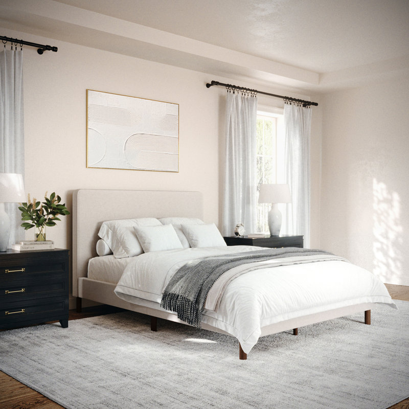 Martha Stewart Britta Upholstered Platform Bed With Piped Detail Headboard, Beige, Full / Double