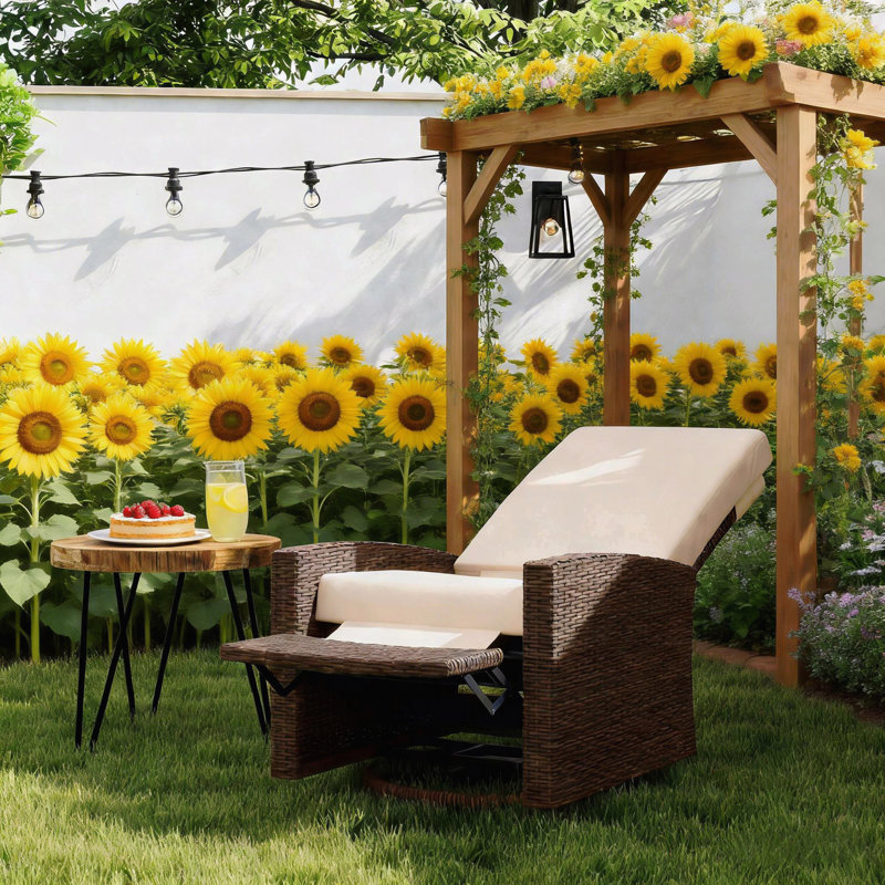 Comfy Swivel Recliner,Outdoor Wicker Swivel Recliner Chair, Cream White Cushion/Tan Frame