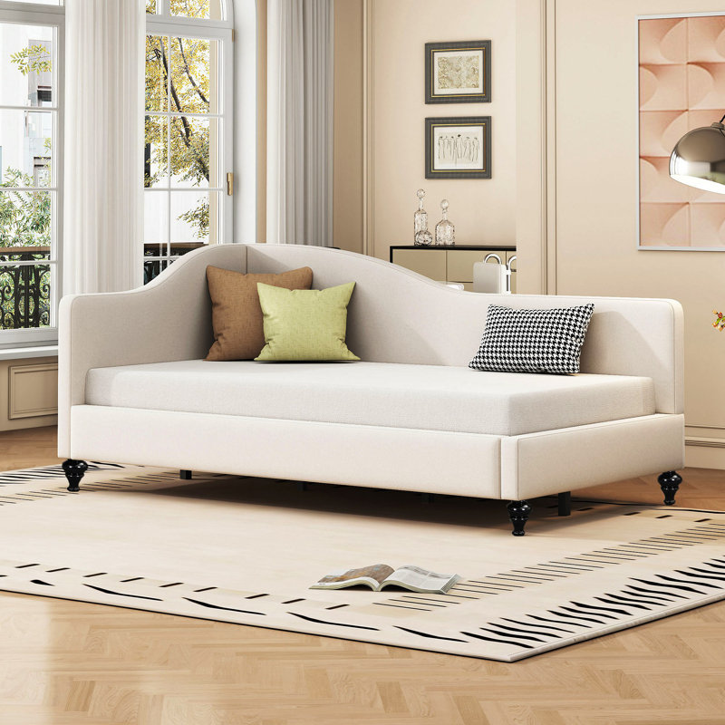 Lit de jour en L en forme de L, avec pieds en bois massif, Beige, Lit simple