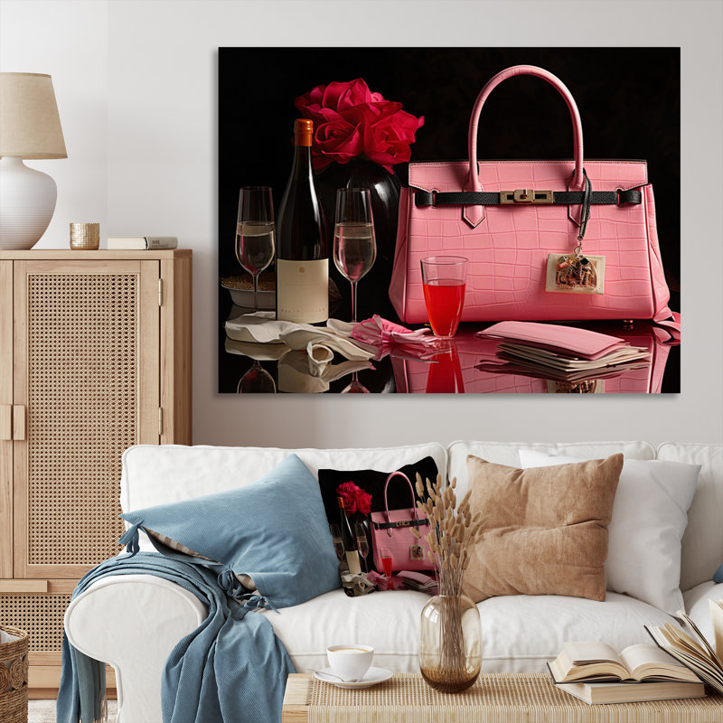 Rose Fashion Bag & Champagne V - imprimé, H 24 po x l 32 po x P 1 po, Toile tendue