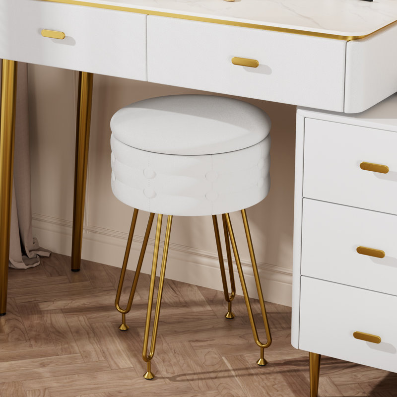 Round Storage Ottoman Vanity Stool Chair For Makeup Room,Bedroom,Living Room, White