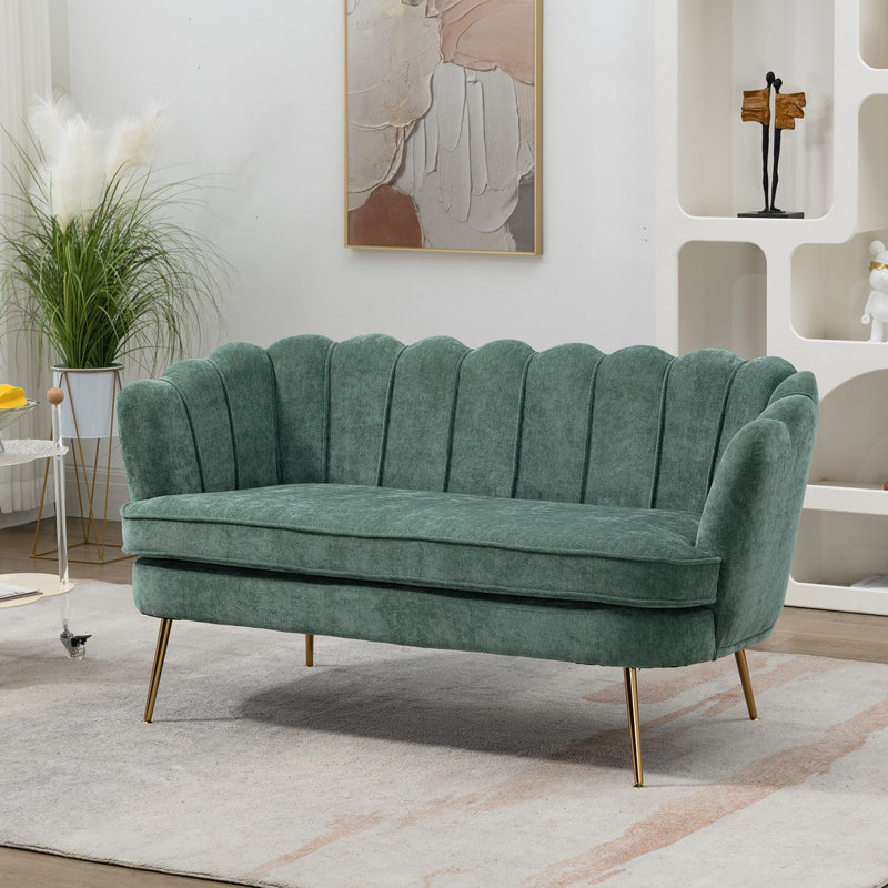 Shay 59.2" Flared Arm Curved Loveseat, Green Chenille